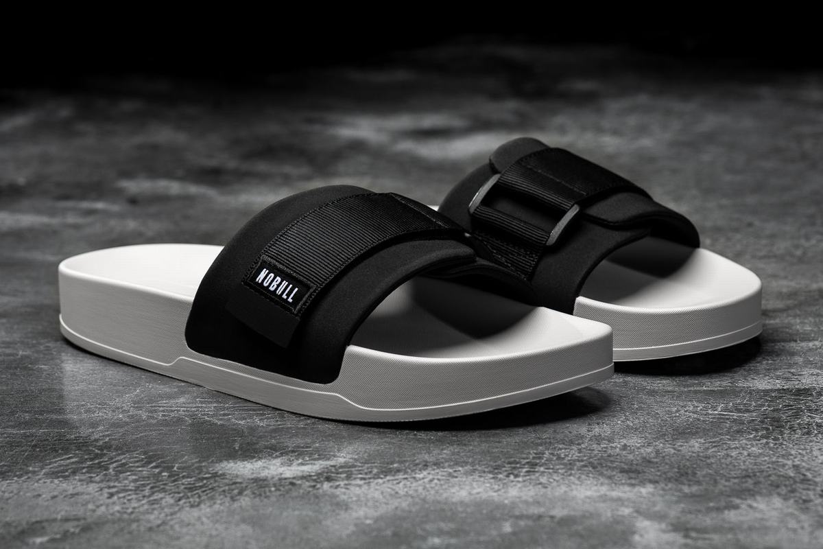 Nobull Adjustable Men's Slides Black White | Australia (TK2086)